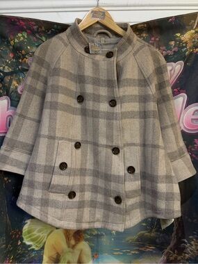 Burberry Plaid Double-Breasted Wool Blend Cape Jacket - Gray/Taupe